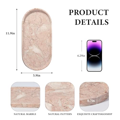 Koville Pink Marble Tray for Bathroom Countertop, Vanity Tray Stone Trays for Decor, Natural Marble Decorative Tray for Dresser Organizer, Storage Trays for Perfume, Jewelry, Cosmetics(Coquille Pink) - color: Coquille Pink, size: 12" x 6" x 0.7"