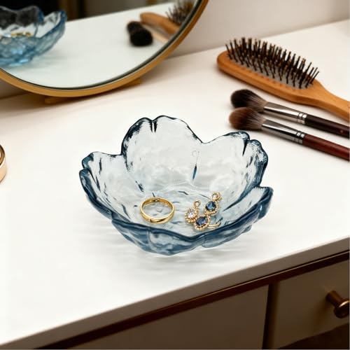 Flower Ring Dish Jewelry Tray, Glass Jewelry Dish Tray, Aesthetic Room Decor Small Trinket Dish, Nightstand Jewlery Ring Holder Dish, Bathroom Jewelry Plate Bowl for Rings Earrings Wife Gift (Blue) - color: Blue
