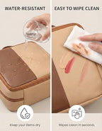 Large Standing Makeup Bag, Sturdy PU Leather Cosmetic Organizer with Fold-Down Phone Tray, Waterproof Travel Toiletry Case with Wipeable TPU Brush Holder, 9.5 Inch, Brown - color: Brown