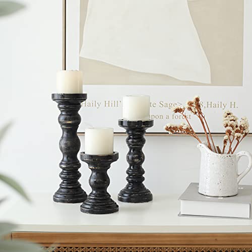 SWALLOWLIVING Rustic Farmhouse Wood Pillar Candle Holder Set of 3 for Candlestick, Black - color: Black