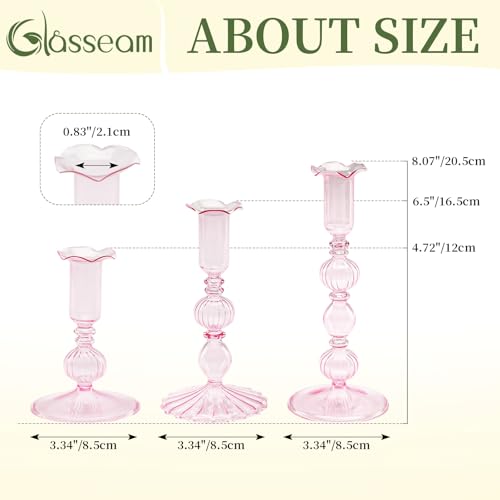 Glasseam Tapered Candlestick Holders Pink: Set of 3 Glass Candle Sticks Holder Decor with Bobeche Modern Ribbed Taper Candle Holders for Table Centerpiece Valentines Wedding Home Decorations - color: Pink