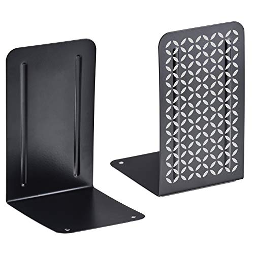 Acrimet Metal Bookends, Non-Skid Book Stand for Shelves, Heavy Duty Book Stopper, 6-7/8" H x 4" W x 4-1/2“ D, (Black Bookends with Silver Design), 1 Pair - color: Black Bookend With Silver Design, size: 10 cm X 11,5 cm X 17,5 cm