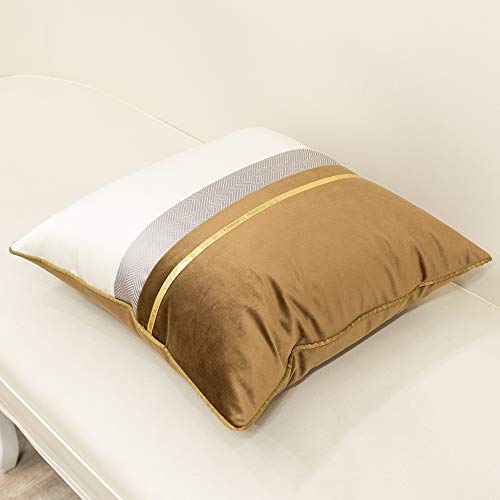 Avigers 20 x 20 Inches Coffee Brown White Gold Leather Striped Patchwork Velvet Cushion Case Luxury Modern Throw Pillow Cover Decorative Pillow for Couch Living Room Bedroom Car - color: Coffee Brown, size: 20" x 20" (Pack of 1)