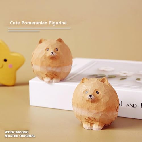 Hand-Carved Wooden Pomeranian Figurines – 1.9" Cute Ball Pomeranian Dog Statues, Small Wood Dog Decor Art Collectibles, Gift for Dog Lovers - color: Brown