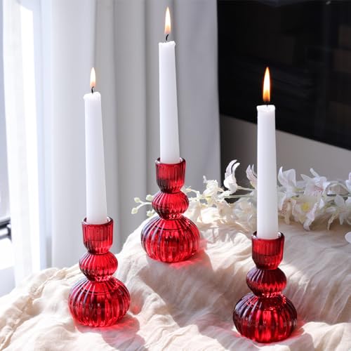 Woho Red Candlestick Holders Set of 3 for Christmas Decorations, 4.3" H Vintage Ribbed Taper Candle Holders for Dining Table, Glass Candle Sticks Holder Decor for Valentines Day/Patriotic Holidays - color: Red