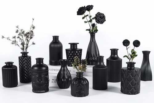 TBWIND 12pcs Glass Black Bud Vases Set, Small Vases for Flowers, Bud Vase for Centerpieces in Bulk, Mini Vintage Vase for Rustic Wedding Decorations, Office and Home Table Flower Décor - color: 12pcs-black