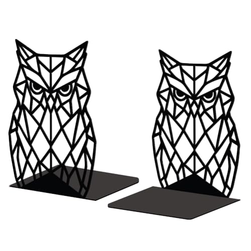 Peacoblue Metal Bookends for Shelves, Modern Decorative Heavy Duty Study Book Support Stoppers for Office, Desk, Shelf, Room 5.3"x4.3"x7.1" Cast Iron Simple Tall Bookends, 1 Pair (Geometric Owl) - style: Geometric Owl