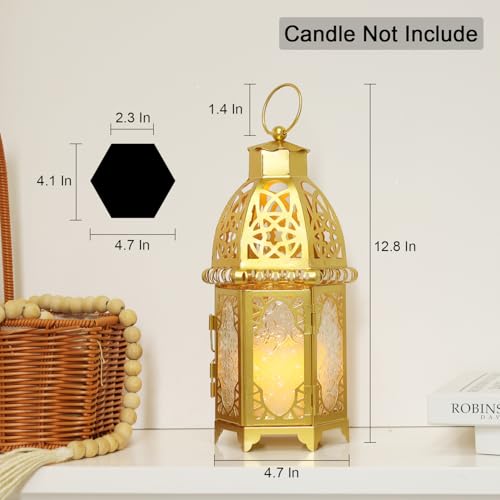 Moroccan Lanterns Decorative Indoor & Outdoor, 12.8’’ Medium Size Golden Metal Hanging&Tabletop Candle Holder Decor, Halloween Christmas Ramadan Decorations for Home Porch Patio (Golden) - color: Golden - 11''h, size: Large