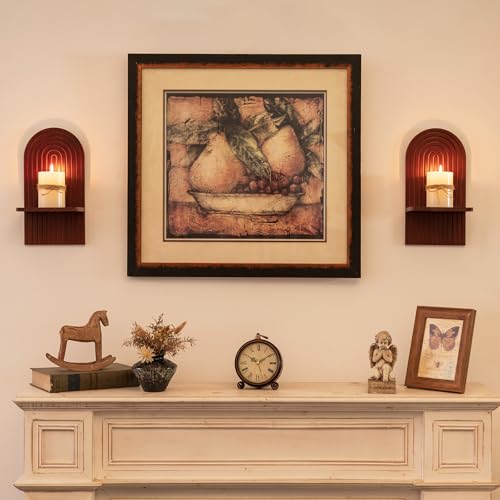Mid Century Modern Candle Sconces: Set of 2 Walnut Boho Wall Candle Holder Decor for Living Room Fireplace - Arch Candle Shelf for Plants Pillars Candles - color: Walnut Color