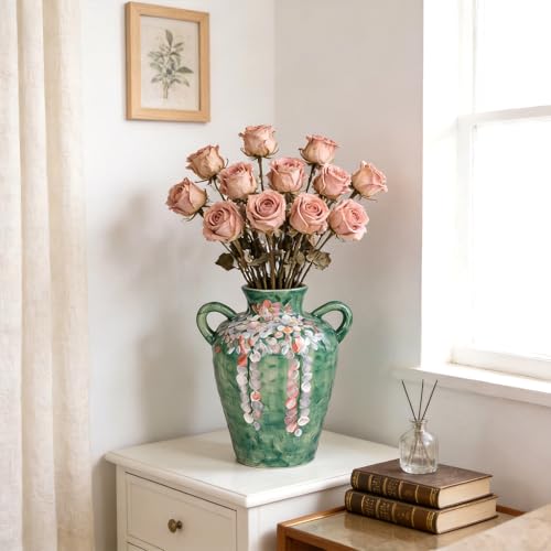 10.5 Inch Ceramic Vase with Hand-Painted Cat & Floral Design, Green Decorative Flower Vase with Handles for Home Decor, Boho Table Centerpiece, Ideal Gift for Plant Enthusiasts - color: Green-cat