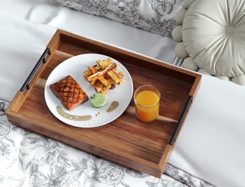 Fibogollo Acacia Wood Serving Tray with Metal Handles,17x12in Ottoman Decorative Trays Platter for Coffee Table,Living Room,Bar,Party(Large) - size: 16.9" x 11.8" x 2"