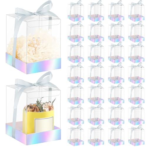 Cunno 36 Set 3.5 x 3.5 x 4.3 in Candle Gift Package Valentine's Transparent Box 4-18 oz Handmade Tealight Candle Holder Paper Bottom Ribbon for Wedding Baby Shower Party Mug(Silver) - color: Silver