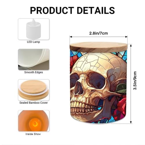 Stained Glass Skull Tea Light Candle Jar for Home Decoration, Skull and Roses Tealight Candle Holders Glass Candle Jar with Bamboo Lid, Candle Candlestick for Thanksgiving Christmas Birthday - color: Skull Rose