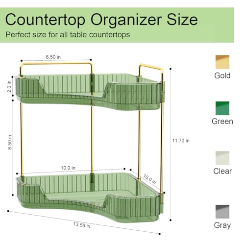 GTI 2 Tier Bathroom Counter Organizer, Multi-Function Corner Bathroom Organizer Countertop,Makeup Organizer Perfume for Dresser Vanity Tray, Spice Rack Organizer for Kitchen (Clear) - color: Green, size: 10" x 10" x 11.7"