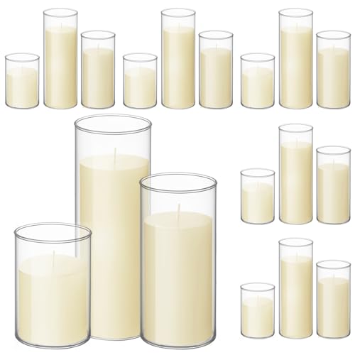 Shihanee 36 Pcs Pillar Candles with Glass Cylinder Vases Tall Hurricane Candle Holders Cylinder Vases for Centerpieces Wedding Party Decor, Total 18 Sets(Clear,Ivory White) - color: Clear,ivory White