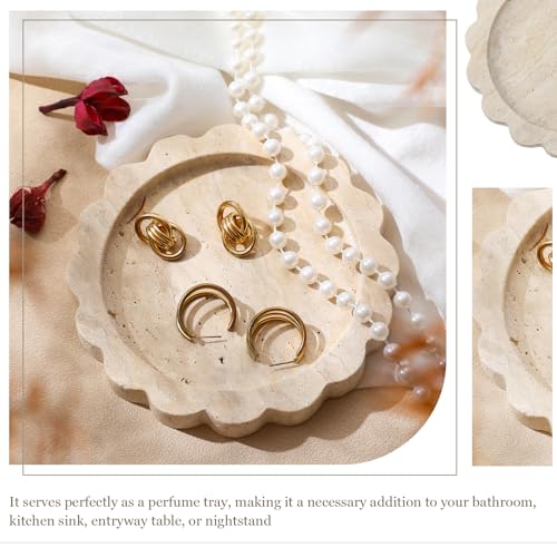 Threehoney 5.5 Inch Small Travertine Scallop Edge Stone Tray Marble Jewelry Dish Trinket Tray for Women, Perfume, Coffee Table(Round) - style: Round