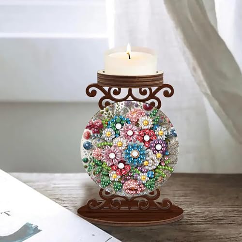 ARTopet DIY Diamond Art Painting Candlestick Holders Wooden Desk Candle Holder Ornament Double Sided Diamond Tabletop Ornaments for Home Decor-Flower - color: Flower