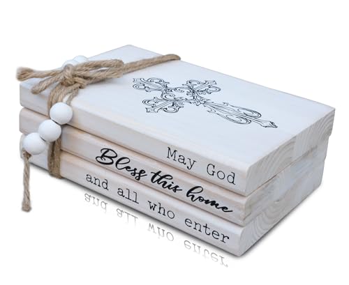 LIVDUCOT Rustic Decorative Coffee Table Books for Home, Wood Book Stack Decor Set of 3, Farmhouse Mantel Decor, Christian Gifts (May God Bless This Home And All Who Enter) - color: Bless this home