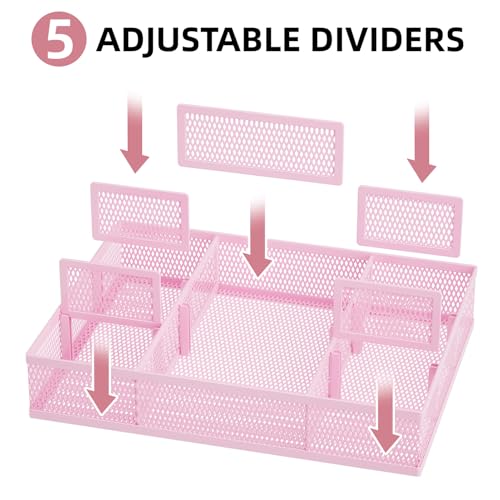 Marbrasse 2 Pack Desk Drawer Organizer, Mesh Drawer Organizer Tray with 8 Adjustable Compartments, Desk Organizers and Accessories, 5 Dividers Drawer for Office Supplies, Makeup & Vanity (Pink) - color: Pink