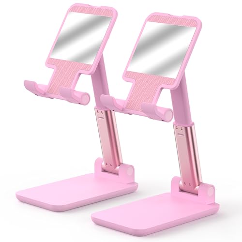 Cell Phone Stand, Adjustable Angle and Height Cell Phone Holder for Desk, Foldable and Portable, Anti-Slip Silicone Pad, Compatible with All Mobile Phones and 4-8 Inch Devices (Pink&Pink) - color: Pink&Pink