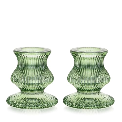 Romadedi Glass Candle Holders for Candlestick - 2 Pcs Green Ribbed Tapered Candle Holder Decor for Table Centerpiece Christmas Party Living Room Dinner Advent - color: Green, size: 2 Pcs