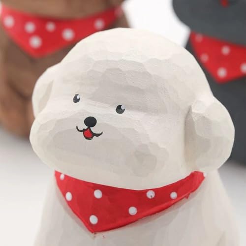 Hand-Carved Wooden White Teddy Dog Figurine, 2.7" White Puppy Statue with Base for Car Dashboard, Desk & Home Decor, Gift for Dog Lovers - color: White Teddy