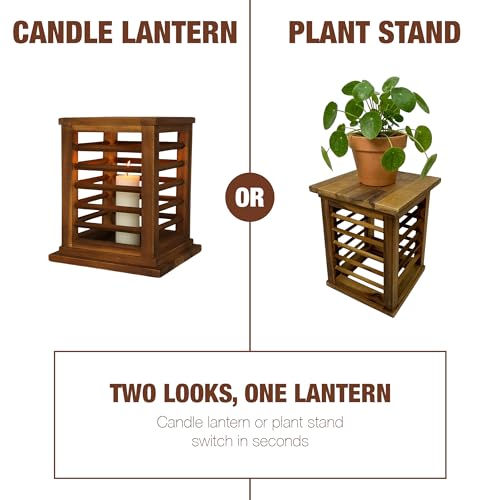 Premium 11.5" H Lantern Decorative Indoor & Outdoor - Large Wooden Candle Lantern & Plant Stand for Holiday Decor, Farmhouse, Patio, Table | Golden Teak Finish