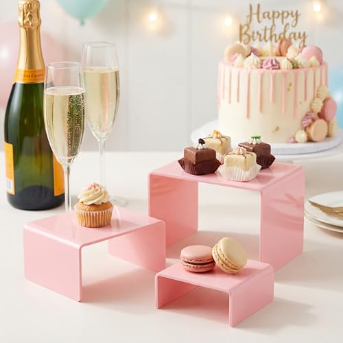 Chuangdi 2 Sets Acrylic Display Risers, Product Stand, Jewelry Display Riser Shelf Showcase Fixtures for Dessert Cupcake Candy Figure Treat Action Showcase(Pink,Small Set) - color: Pink, size: Small Set