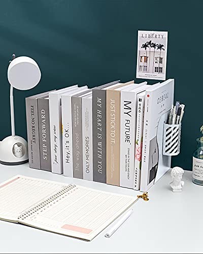 MSDADA Adjustable Bookends, Metal Book Ends for Heavy Books, Expandable Book Organizer with Pen Holder for Desk, Shelf, Office, The First Day of School Stationery Gift for Students,Teachers (White) - color: White