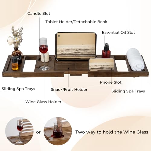 Teak Bathtub Tray - Luxury Bath Tray with Expandable Handles, Wine Glass and Phone Holders, Book Stand - Perfect for Home Spa Relaxation and Reading - Natural Bath Accessories - Dark Walnut Color - color: Dark Walnut-expandable