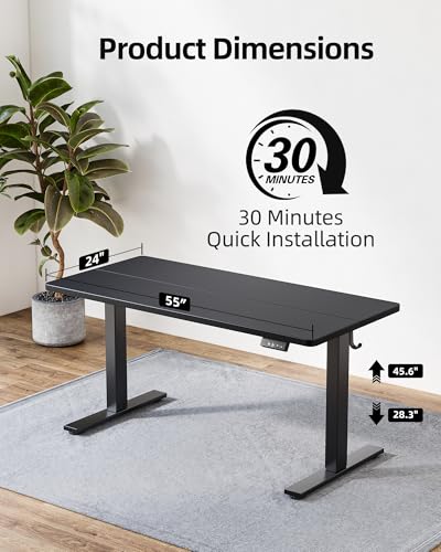 TIQLAB Standing Desk 55 x 24 inch, Electric Height Adjustable with Splice Board, Stand Up Desk, Sit Stand Desk Computer Desk for Home Office, Black Frame/Black Top - color: Black, size: 55*24 inch
