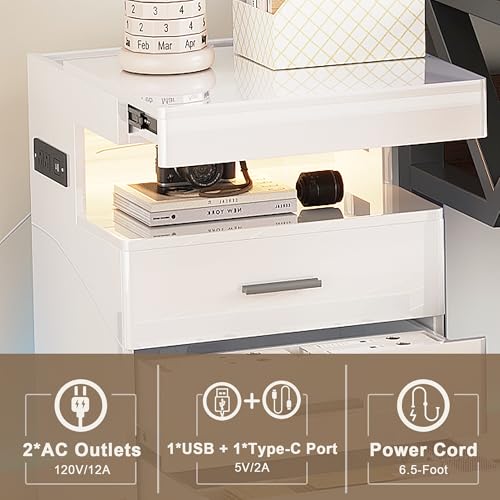Treocho Led Nightstand with Hidden Space, Modern Night Stand with Charging Station, 3 Drawer Smart Nightstand with Glossy Finish, Tall Bedside Table with RGB Lights for Bedroom, White - color: White
