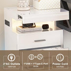 Treocho Led Nightstand with Hidden Space, Modern Night Stand with Charging Station, 3 Drawer Smart Nightstand with Glossy Finish, Tall Bedside Table with RGB Lights for Bedroom, White - color: White