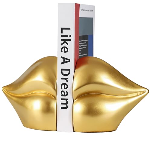 Gold Lips Decorated Bookends，Set of 2 Heavy Decorative Book Stoppers，Unique Resin Decoration，Creative Desktop Gold Decor for Study Room Hotel Office Shelves - color: Gold Lips