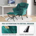 Tiita Lazy Chair with Ottoman, Green Modern Large Accent Chair, Comfy Leisure Sofa Armchair with Ottoman, Reading Chair with Footrest for Bedroom, Living Room, Dorm Rooms, Velvet Green - color: Green