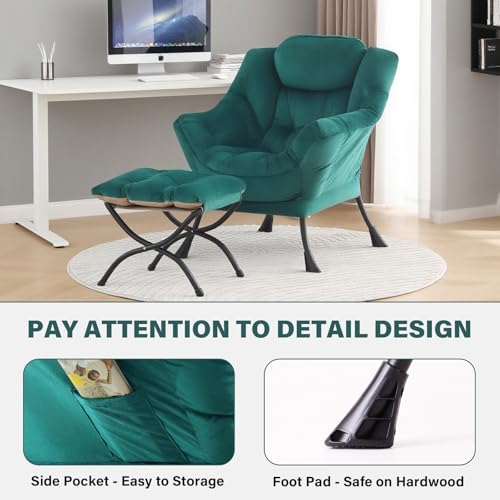 Tiita Lazy Chair with Ottoman, Green Modern Large Accent Chair, Comfy Leisure Sofa Armchair with Ottoman, Reading Chair with Footrest for Bedroom, Living Room, Dorm Rooms, Velvet Green - color: Green