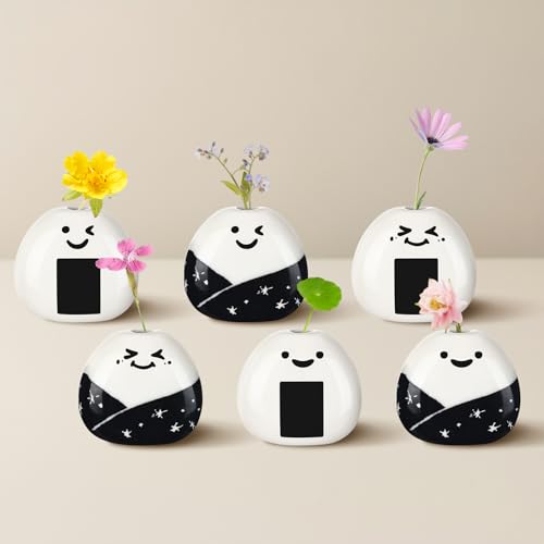 12 Pcs Cute Handmade Mini Flower Vase, Ceramic Rice Ball Japanese Onigiri Miniature Vases for Home Room Table Decoration Japanese Craft Gift
