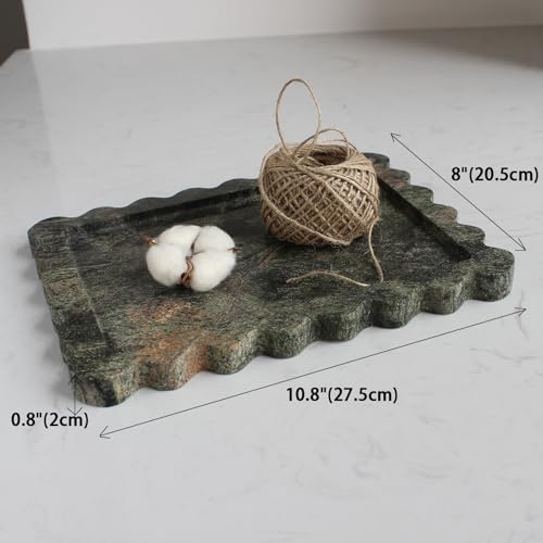 Natural Luxury Scalloped Marble Tray 10.8"x8", Rectangle Vanity Tray for Bathroom Kitchen Counter, Decorative Tray for Dresser Home Decor - Rainforest Green - color: Rainforest Green