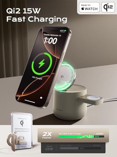 MFI Certified by Apple, 4 in 1 Magsafe Wireless Charging Station, Qi2 15W Magsafe Charger for iPhone 17/16/15/14/13/12 Series, iWatch, Airpods, iPad, 65W Charger Included (Sand, 4 in 1) - color: Sand