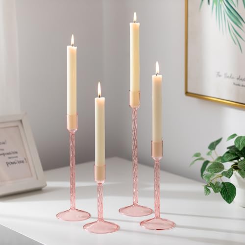 Glasseam Glass Candlestick Holders Pink: Set of 4 Tall Taper Candle Holders for Candlesticks Decorative Tapered Candles for Table Centerpiece Wedding Christmas Home Decor - color: Pink