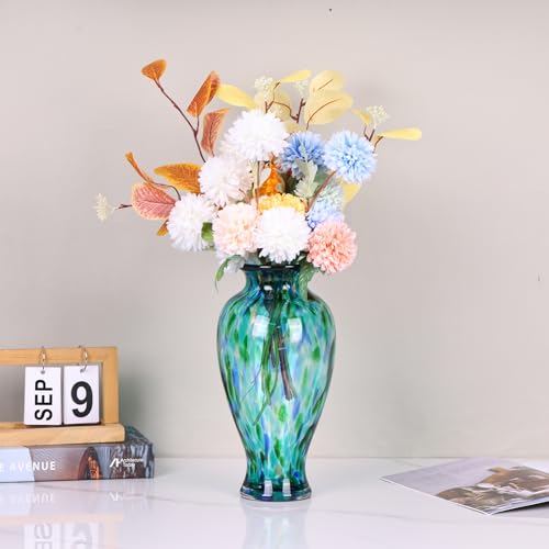Hand Blown Glass Vase 11.8" Tall Beautiful Turquoise Sea Wide Mouth Bud Vase for Table Centerpiece, Painted Colorful Murano Glass Flower Vases for - Home Entrance Wedding Center - color: Turquoise