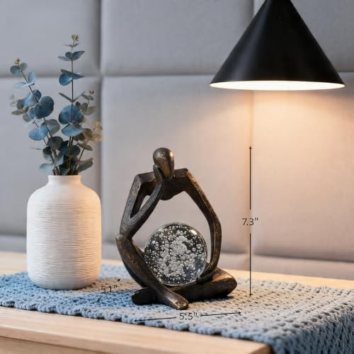 Lucky Crystal Ball Thinker Statue – Abstract Resin Figurine with Bronze Finish, Modern Home & Office Decor Sculpture Symbolizing Luck and Clarity, Artistic Gift for Men & Women