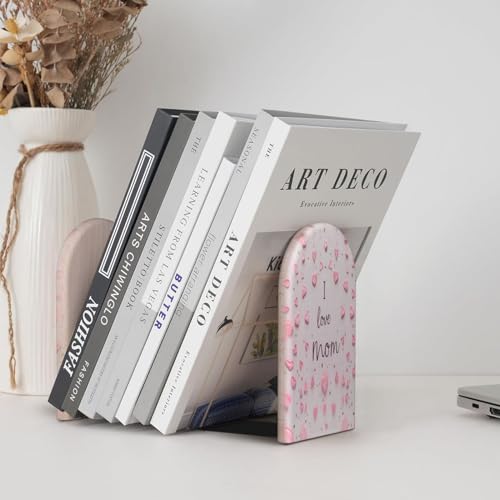 Pink Love Mom L-Shaped Book Ends 1 Pair Wood Bookends Mother's Day Book End Supports for Heavy Book Shelf Holder Home Decorative - color: Pink Love Mom