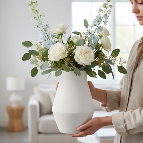 1pcs. White Vase for Home Decor Table, Living Room, Entryway Ceramic Geometric Wide-Mouth for Flowers Textured Matte Unglazed Pottery - White Height 11 in/Width 7.48 in/Opening 4.92 in - color: White, size: 11 inch
