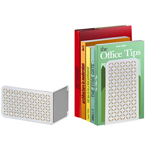 Acrimet Metal Bookends, Non-Skid Book Stand for Shelves, Heavy Duty Book Stopper, 6-7/8" H x 4" W x 4-1/2“ D, (White Bookend with Gold Design), 1 Pair - color: White Bookend With Gold Design, size: 10 cm X 11,5 cm X 17,5 cm
