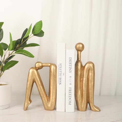 Thinker Cast Iron Bookends, Heavy-Duty Decorative Book End Stoppers for Shelves, Abstract Decor Aesthetic, Smooth Finish Book Holders for Office Decor, 1 Pair/2 Pieces, 9" - color: Thinkera Brass
