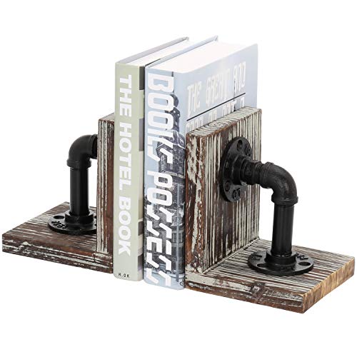 MyGift Decorative Bookends, Office Book Ends for Shelf, Book Holder L-Shaped Stand Desktop, Solid Torched Wood with Realistic Industrial Pipe Design - color: Torched Wood