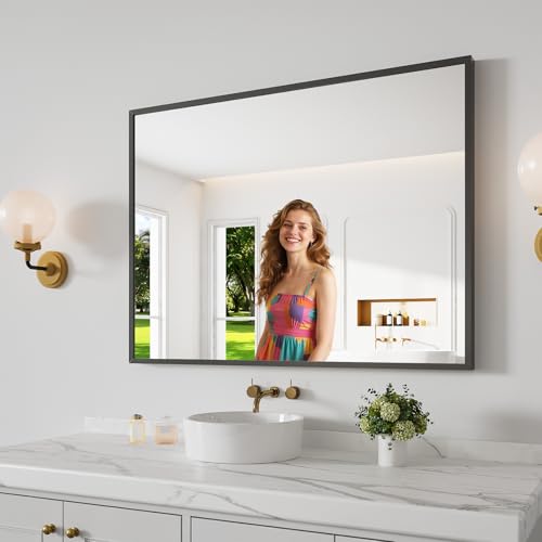 Koonmi Bathroom Mirror for Wall, 30"x40" Black Bathroom Mirror for Over Sink, Shatterproof Tempered Glass Vanity Mirror with Anti-Rust Aluminum Alloy Frame, Hang Horizontally or Vertically - color: Square Edged, size: 40"L x 30"W