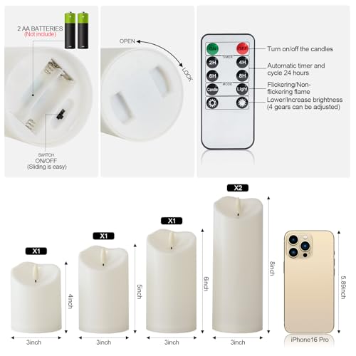Raycare 3"x4"5" 6" 8" 8" Outdoor Waterproof Flameless Candles, Battery Operated LED Candles with Remote Control and Timer, Electric Fake Plastic Pillar Candles, Ivory White, Set of 5 - color: D3"xH4"5"6"8"8"-Ivory White