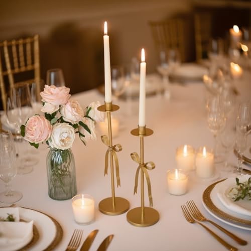 Gold Candle Holders Set of 2 Metal Taper Candle Stands with Bow Design, Modern Decorative Candlesticks for Dining Table, Wedding, Fireplace, Holiday & Christmas Decor - color: Gold